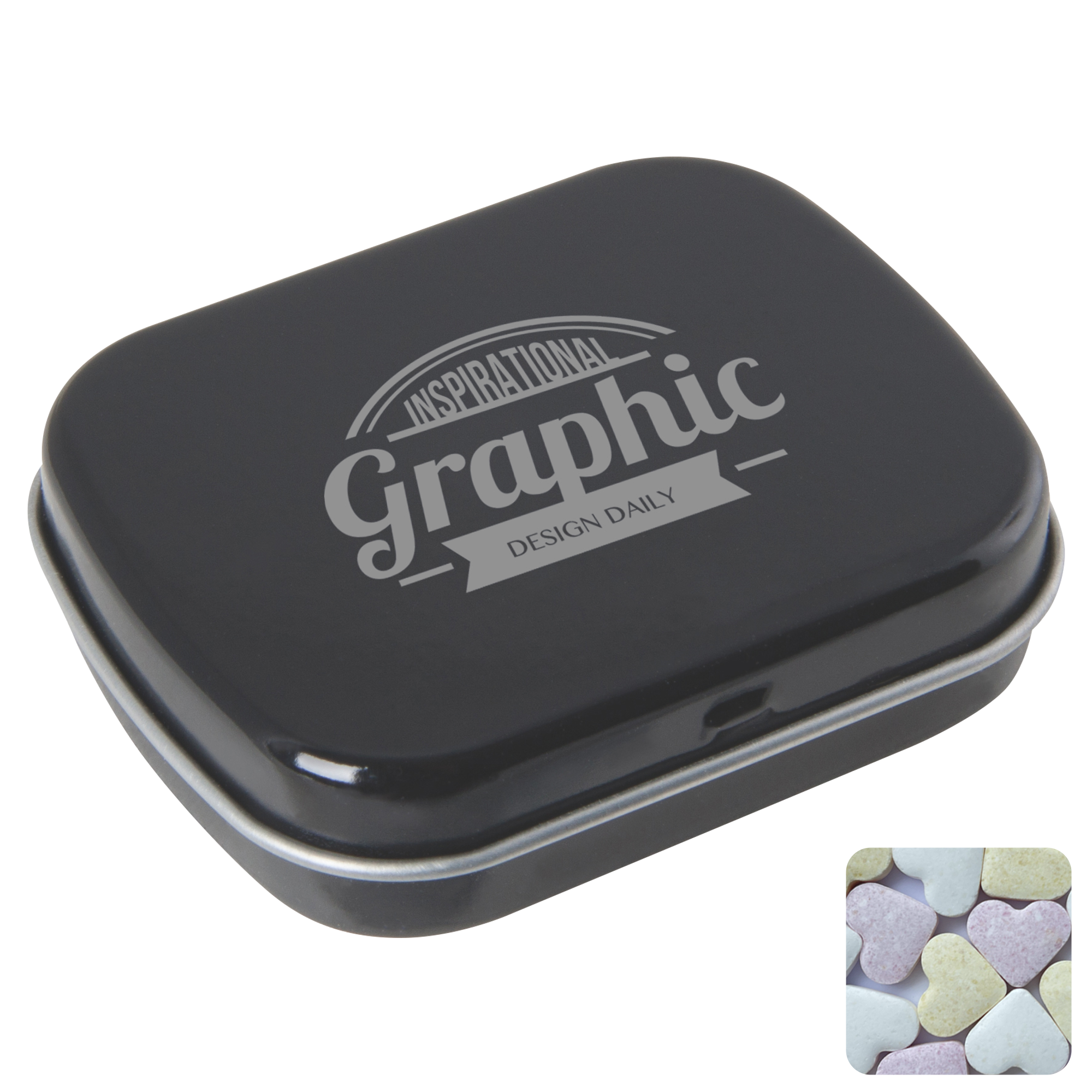 Picture of Flat hinged tin with fruit heart sweets 