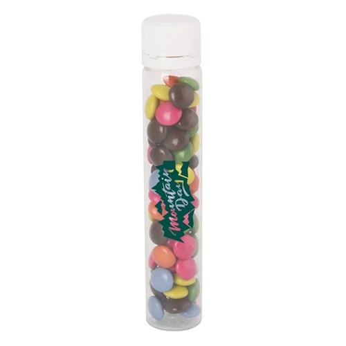 Plastic tube with milk chocolate sweets