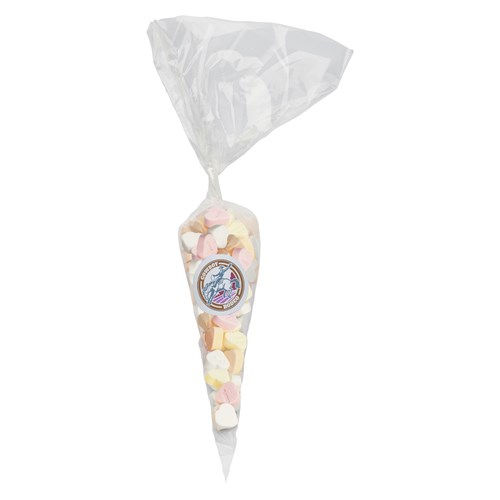 250gr Sweet cones with printed label and filled with base category sweet, sugar hearts