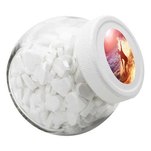 395ml/505gr Candy jar with white plastic lid and filled with dextrose heart mints