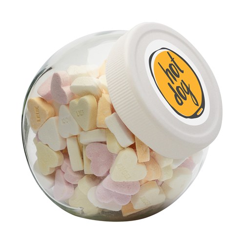395ml/505gr Candy jar with white plastic lid and filled with sugar hearts
