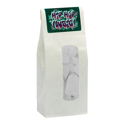 110gr Kraft bag with window and filled with dextrose heart mints