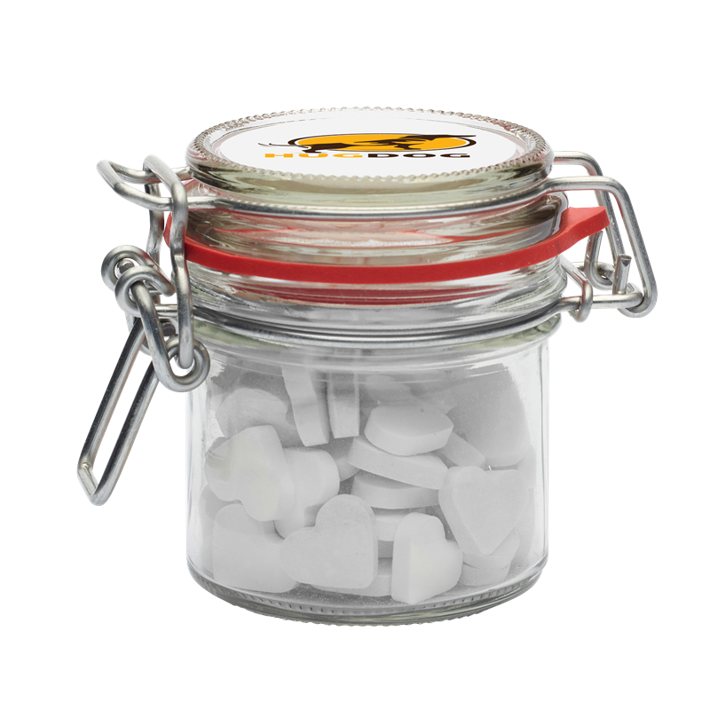 125ml/290gr Glass jar filled with dextrose heart mints C-0610_021 (Neutral)