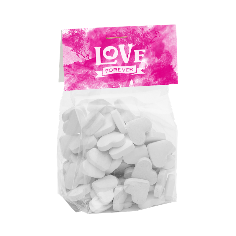 125gr Bag with a card base and printed header board filled with dextrose heart mints C-0630_000 (Custom made)