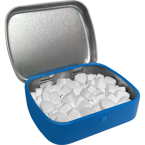 Flat hinged tin with sugar free mints