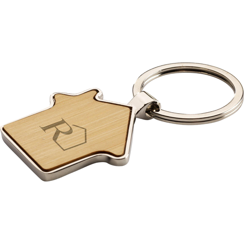 House shape bamboo and metal keyring