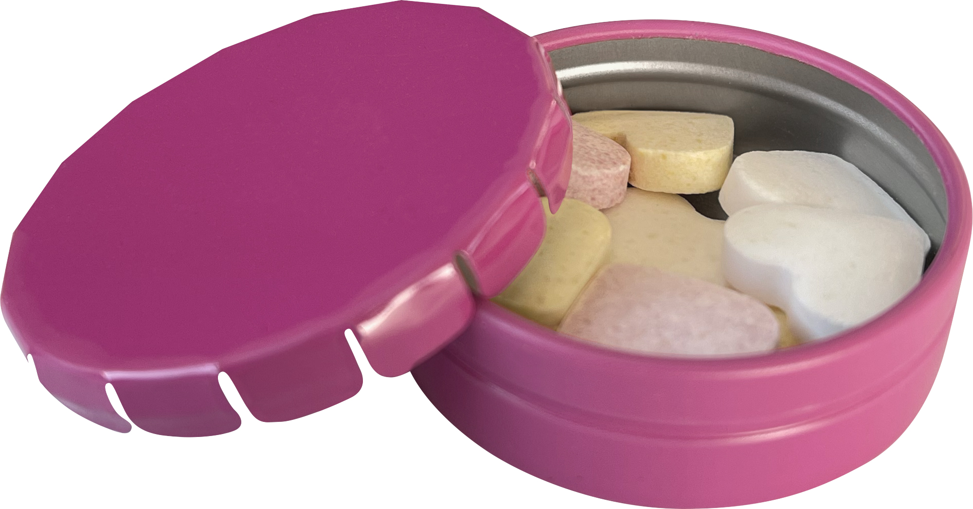 Round click tin with fruit heart sweets