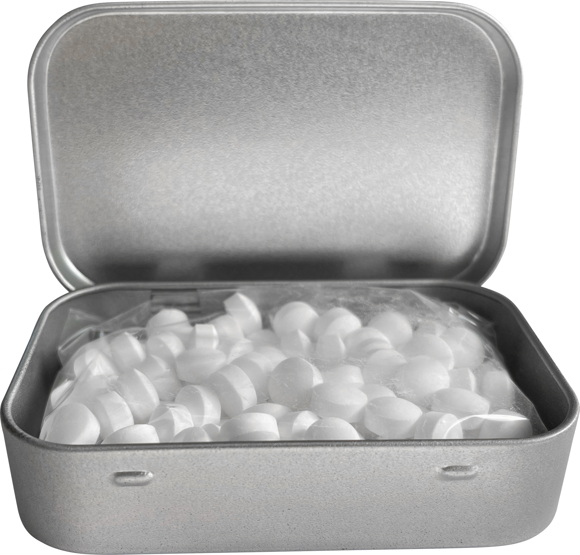 Large flat hinged tin with dextrose mints