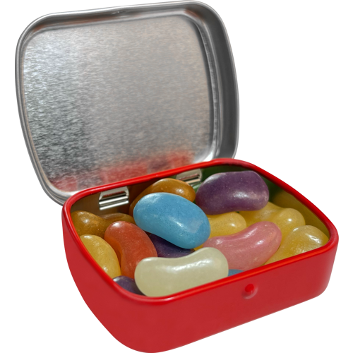 Flat hinged tin with jelly beans