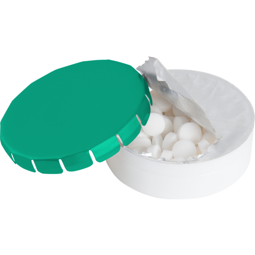 Round plastic pot with metal lid and sugar free mints - View 1