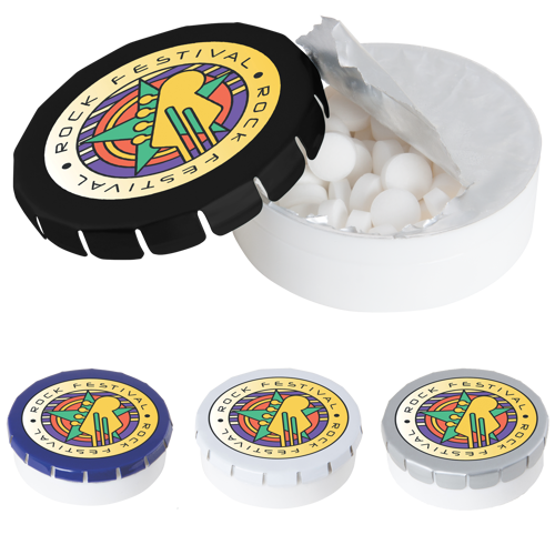Round plastic pot with metal lid and sugar free mints