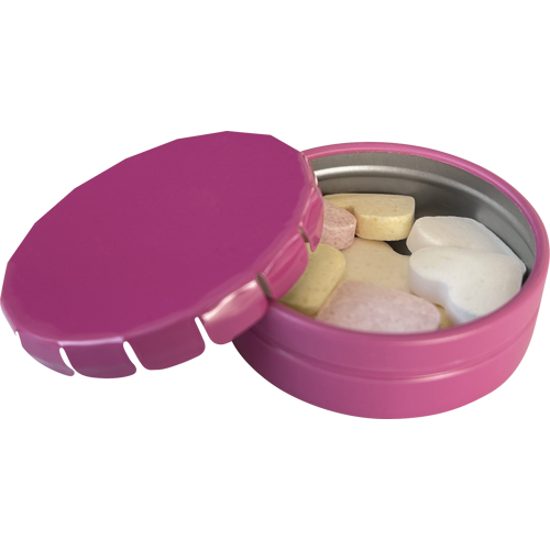 Round click tin with fruit heart sweets