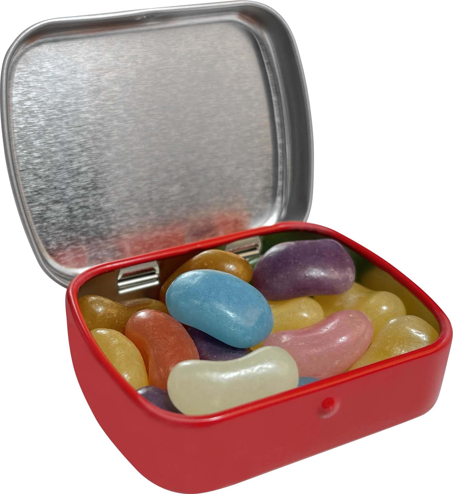 Flat hinged tin with jelly beans