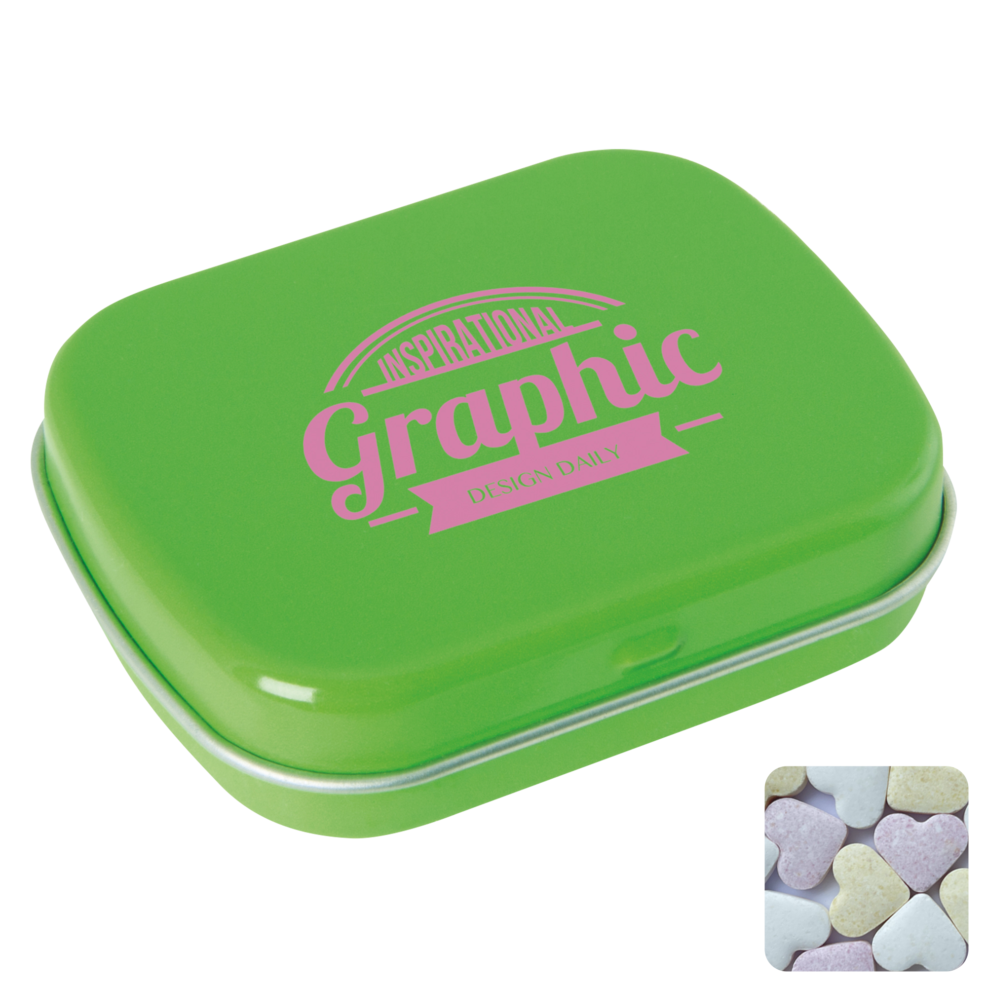 Picture of Flat hinged tin with fruit heart sweets 