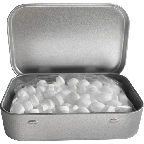 Large flat hinged tin with dextrose mints