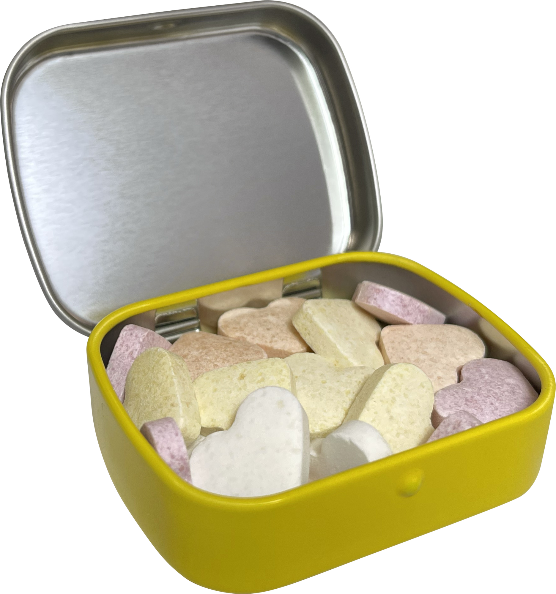 Flat hinged tin with fruit heart sweets 