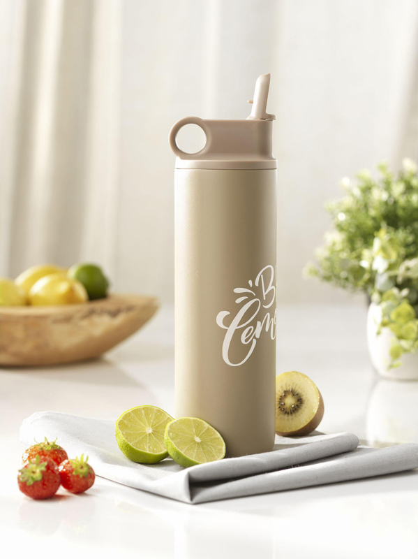 Recycled stainless steel bottle with straw (800ml) 262746_357 (Beige)