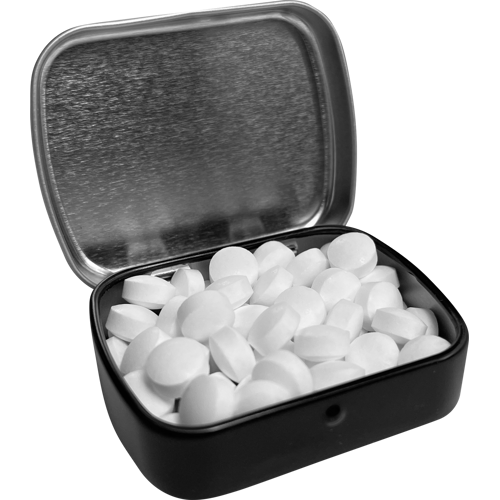 Flat hinged tin with dextrose mints