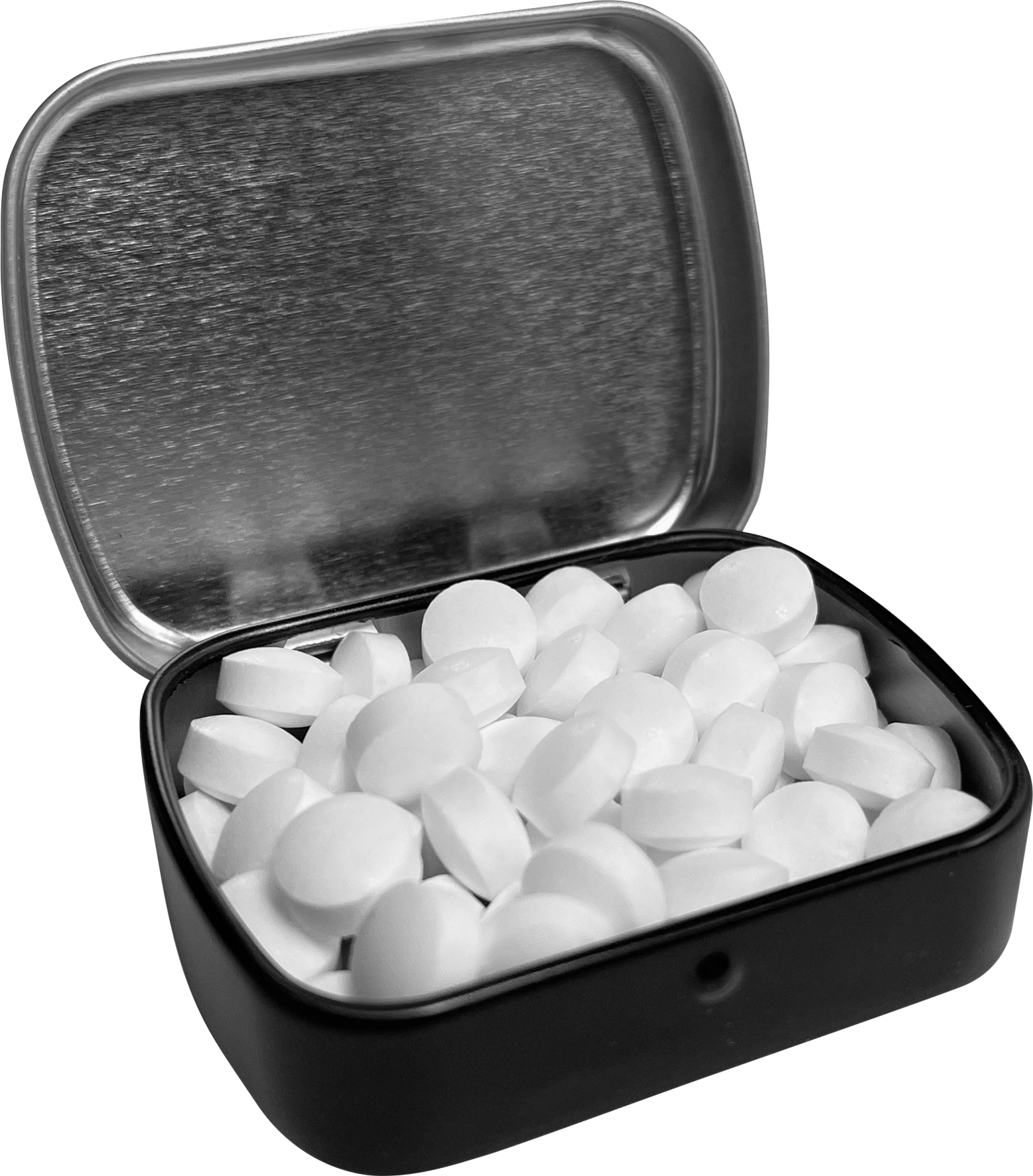 Flat hinged tin with dextrose mints