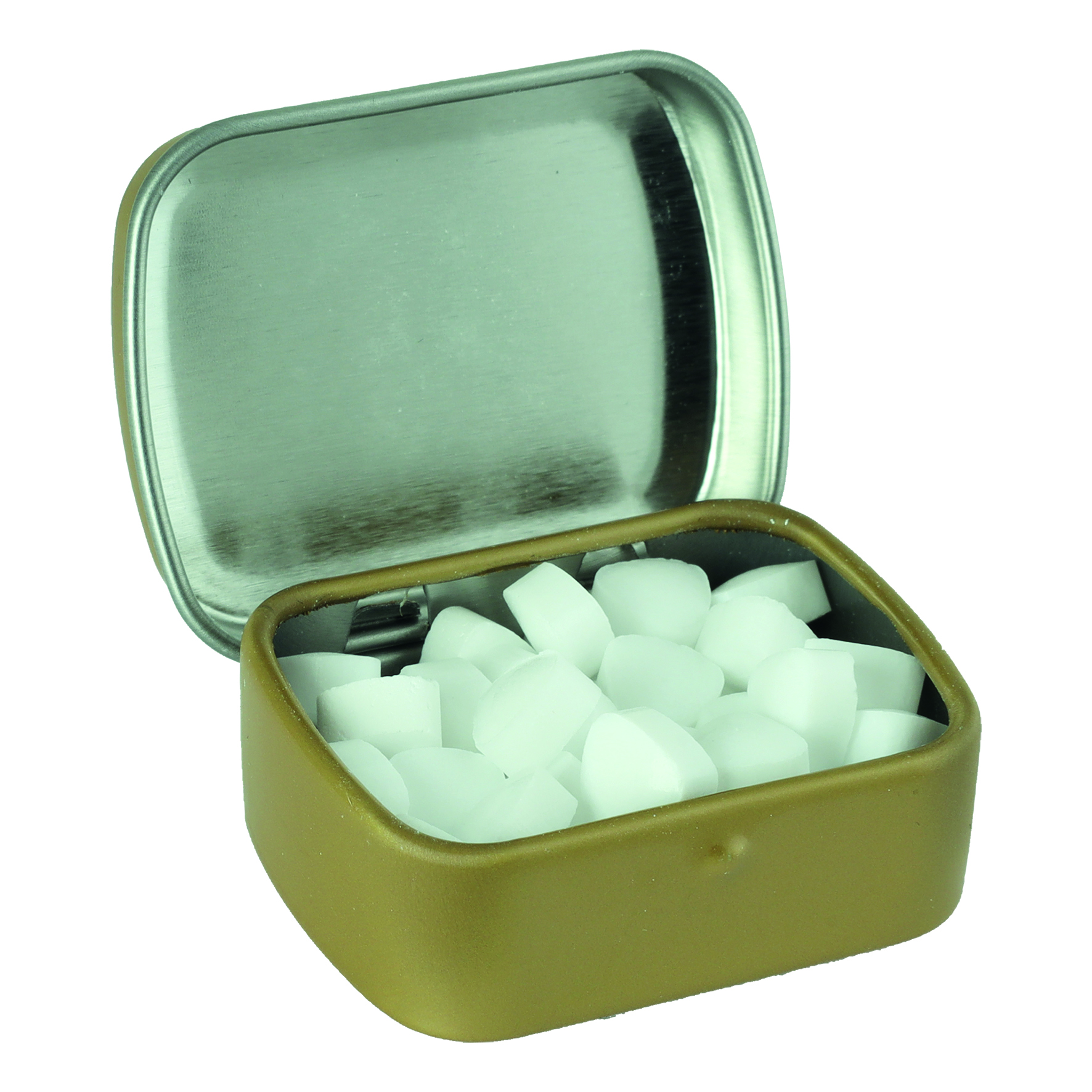 Small flat hinged tin with sugar free mints
